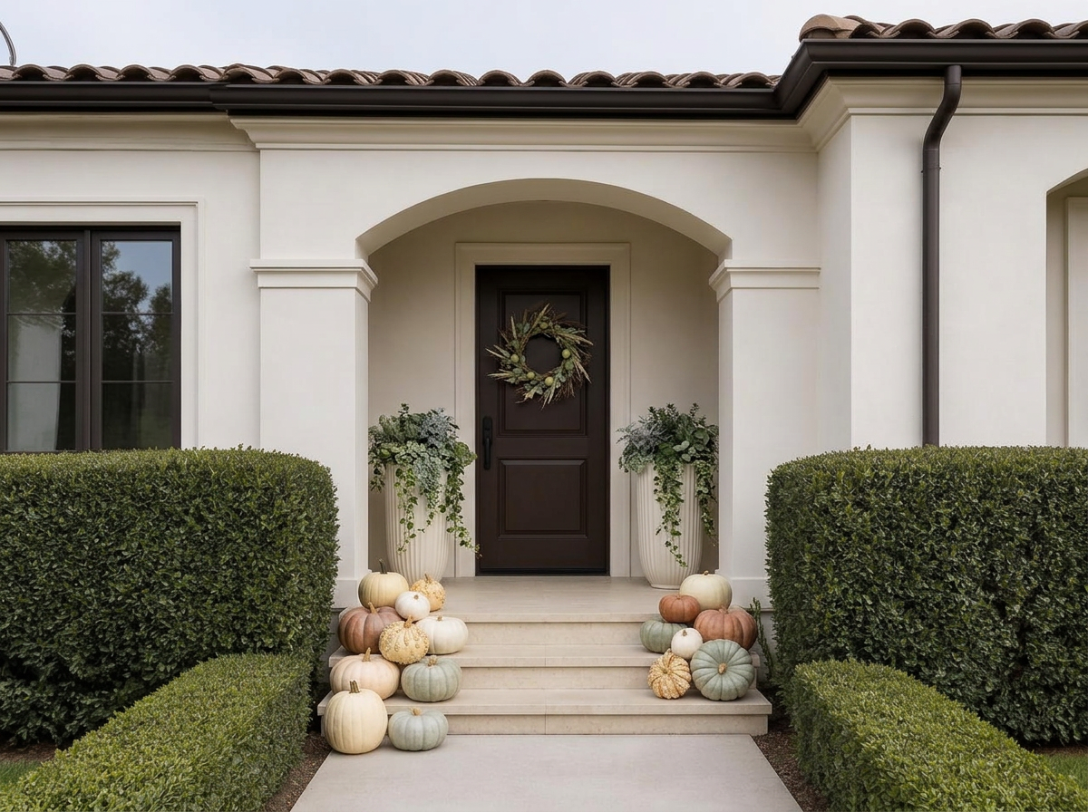 The same entrance styled with heirloom pumpkins