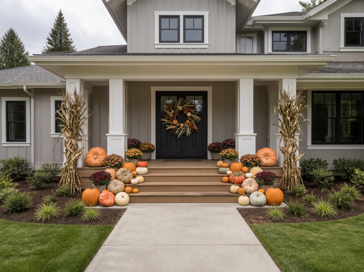 The same craftsman porch with a layered autumn installation